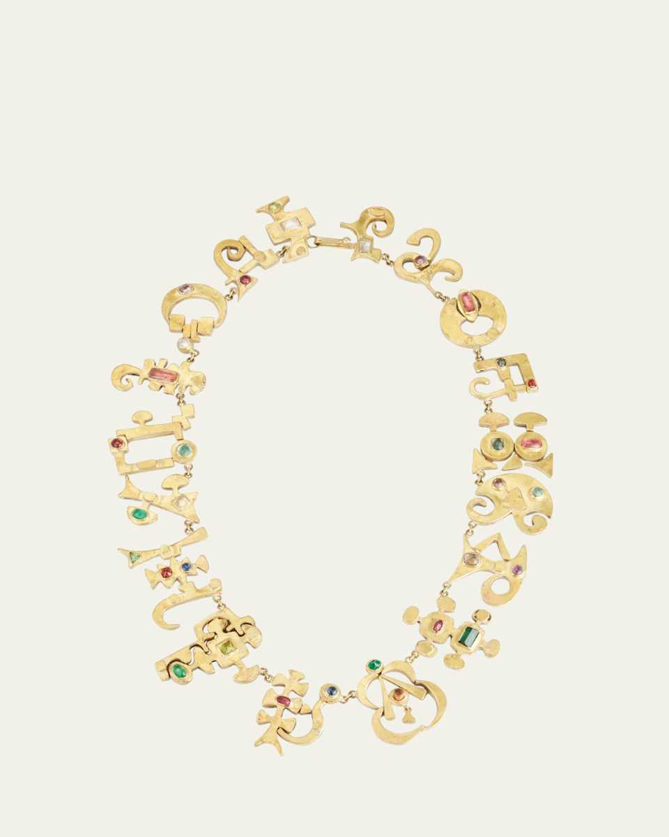22K and 18K Yellow Gold Jabberwocky Wacky Symbol Necklace with Silver and Gemstones
